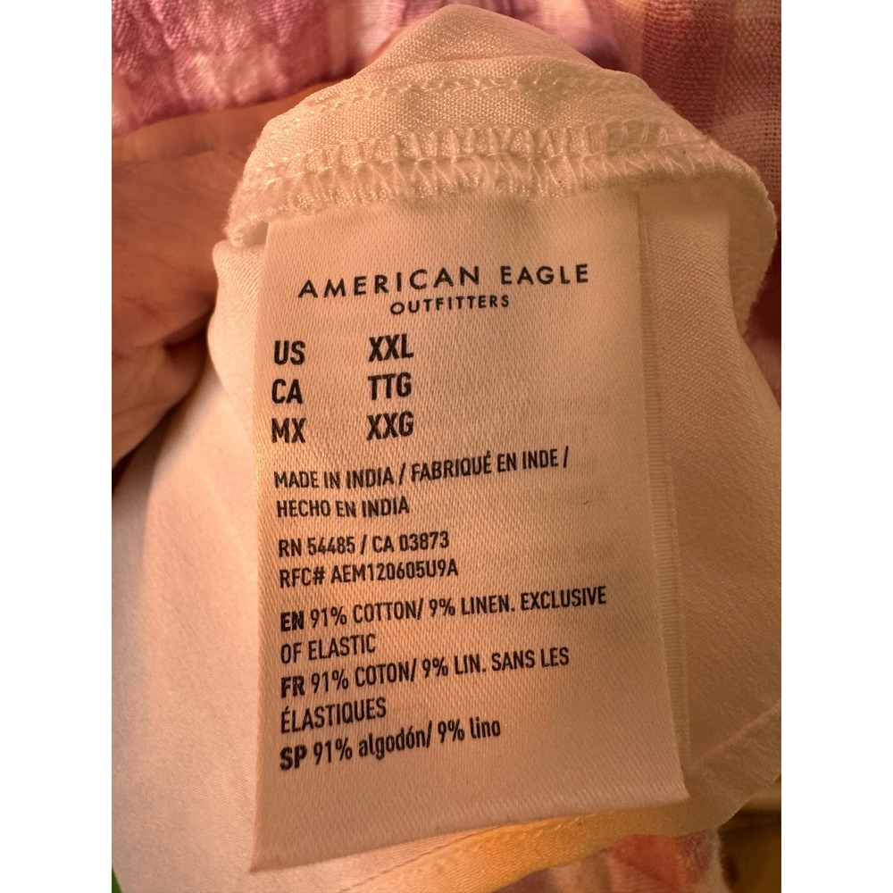 American Eagle Pink Gingham Smocked Mini Dress XXL Cotton Linen Puff Sleeve - Picture 5 of 7